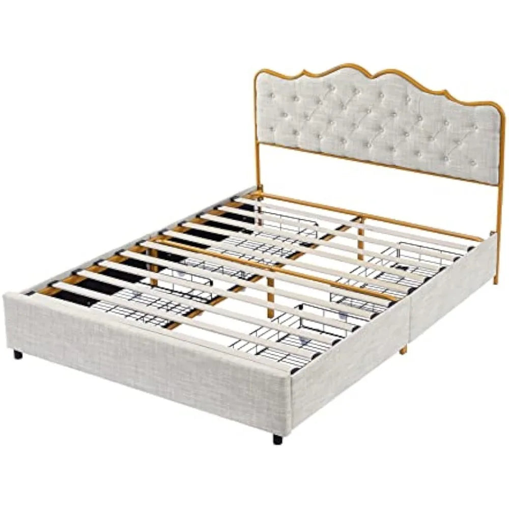 King Velvet Upholstered Platform Bed with 4 Drawers, Platform Bed Frame with Button Tufted Headboard for Bedroom