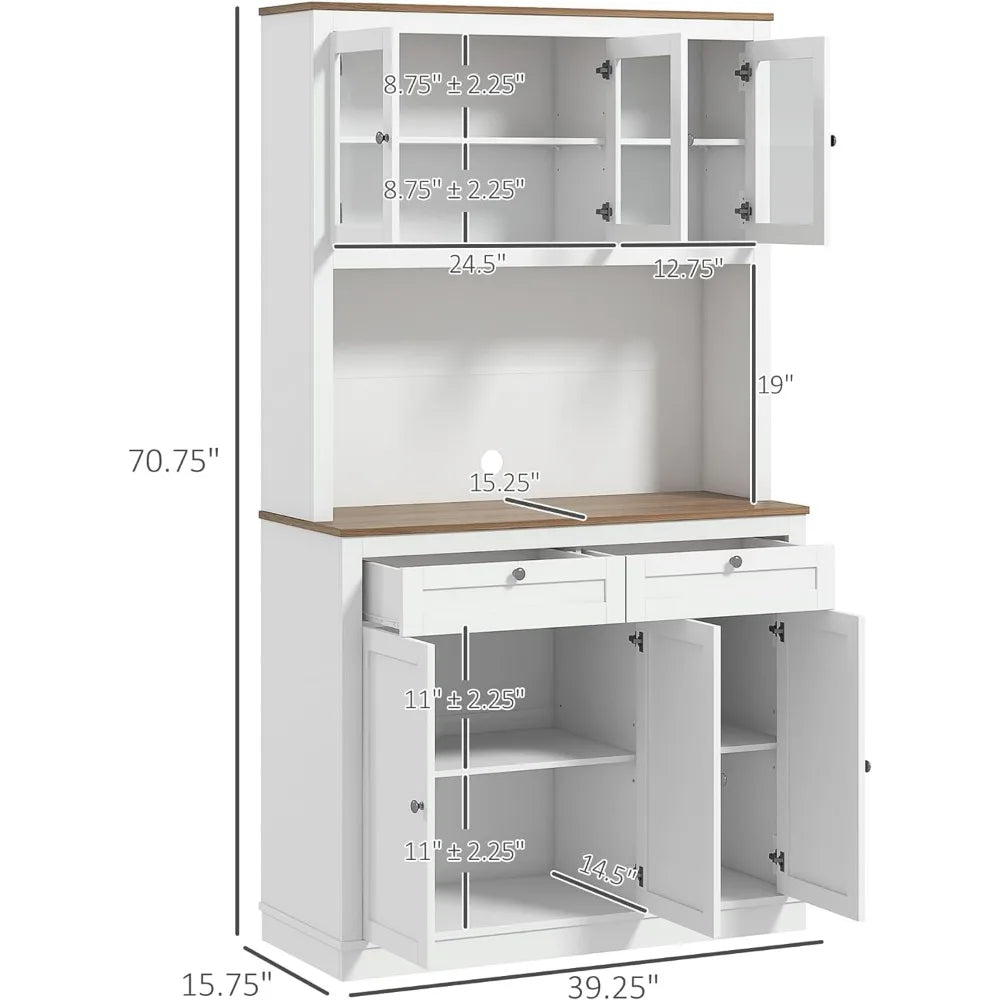 71" Tall Kitchen Pantry Storage Cabinet with Microwave Stand, Freestanding Buffet with Hutch, 2 Drawers, 5 Doors