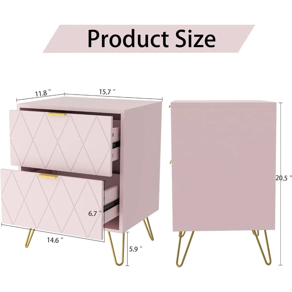 Anbuy Pink Nightstand Set of 2, End Side Table Double, Bedside Table with 2 Drawers, Dual Night Stand Gold Legs for Bedroom