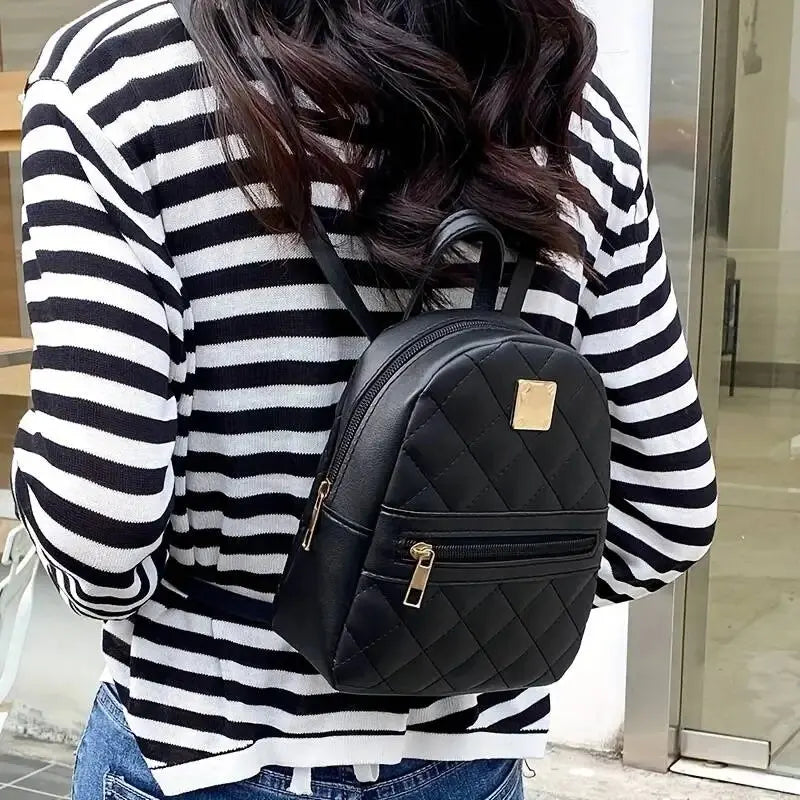 Women's Cute Small Backpack Rhombic Pattern Backpack With Adjustable Strap Zipper Casual Shoulder Black Mobile Bag