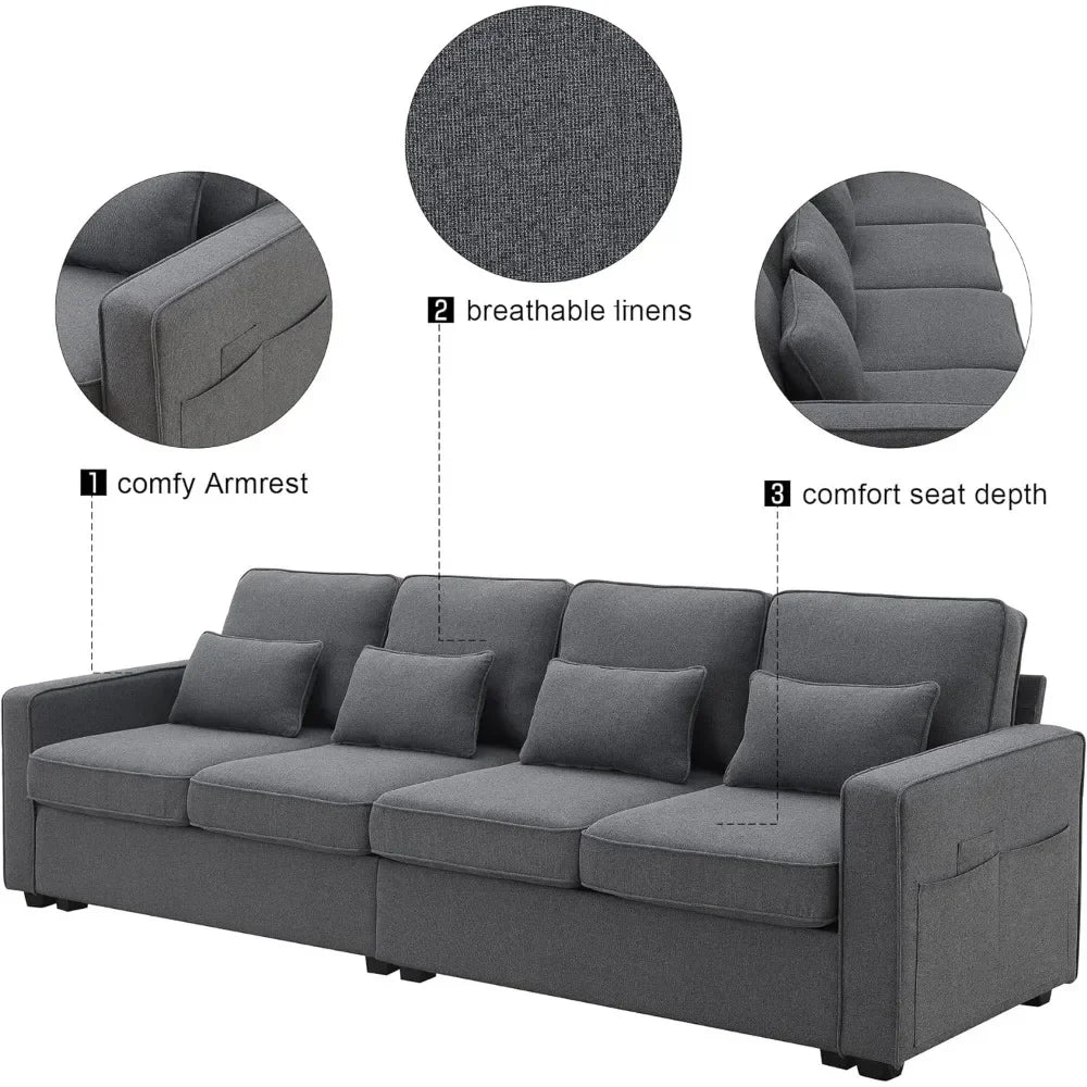4 seat Modern Linen Fabric Sofa with Armrest Pockets and 4 Pillows,Minimalist Style Couch for Living Room, Apartment,Dark Grey