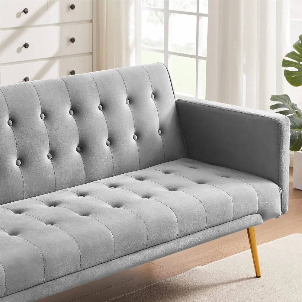 Tufted Upholstered Sofa Convertible Sleeper Sofa Bed Small Space Living Room, 2 Seater Couple Seat Sofa Bed Metal Legs, Grey