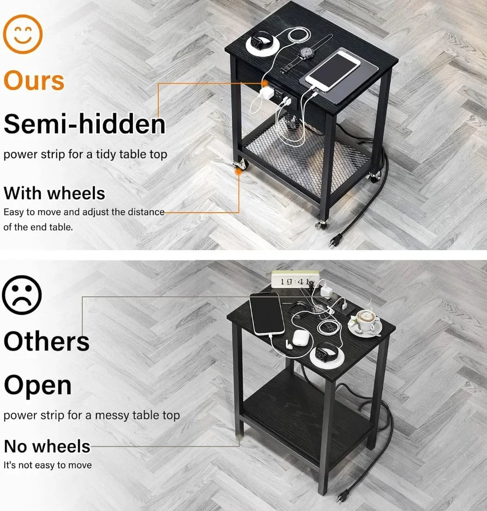 End Table Set of 2 with Charging Station & USB Ports, Side Table with Wheels & Storage Shelf Nightstand for Living Room Bedroom