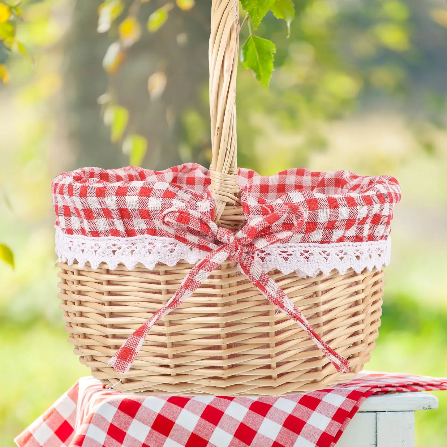 Hand Woven Picnic Bag Gift Basket Wicker Storage Basket Linen Inner Basket for Storage Use (Primary Color Red Plaid Fabric)