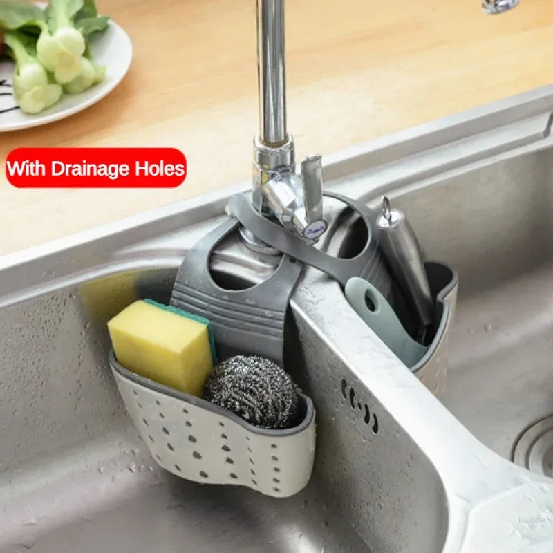 Kitchen Sink Sponge Holder, Hanging Kitchen Adjustable Strap Faucet Caddy, Quick-drying Kitchen Storage Bag Sink Organizer
