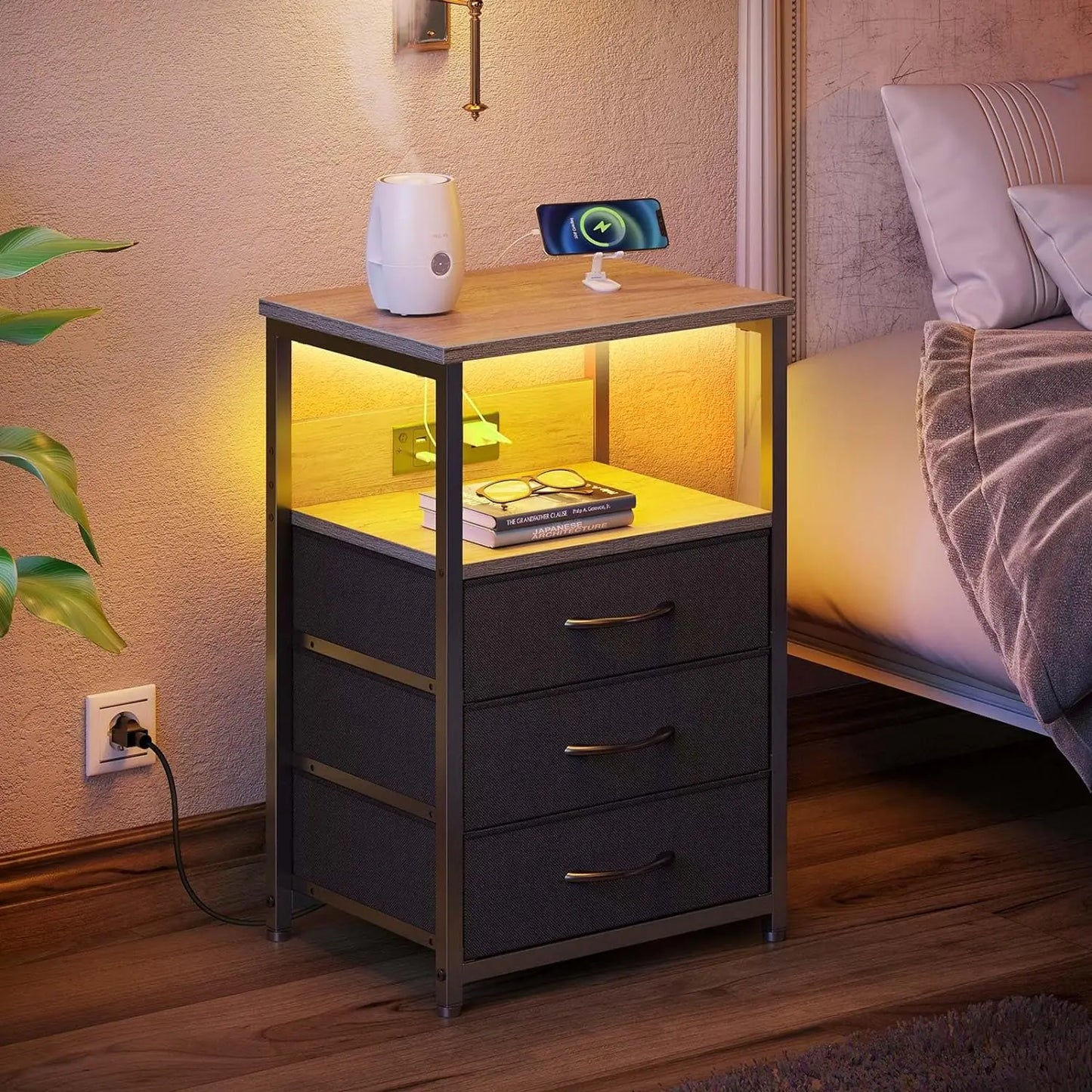 Nightstand with Charging Station and LED Light, Side Table 3 Fabric Drawers, Bedside End USB Ports an