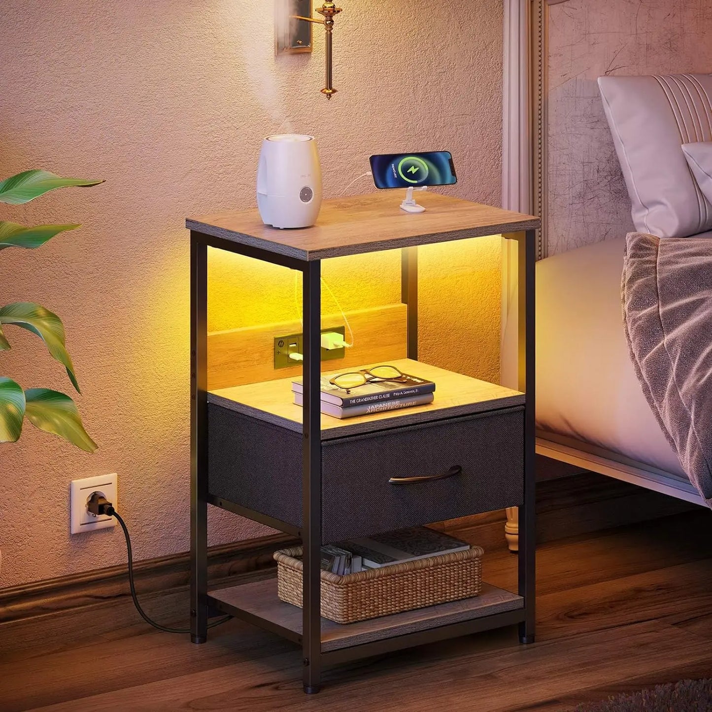 Nightstand with Charging Station, LED Bedside Table Adjustable Fabric Drawer, Night Stand Storage, 3-Tier B