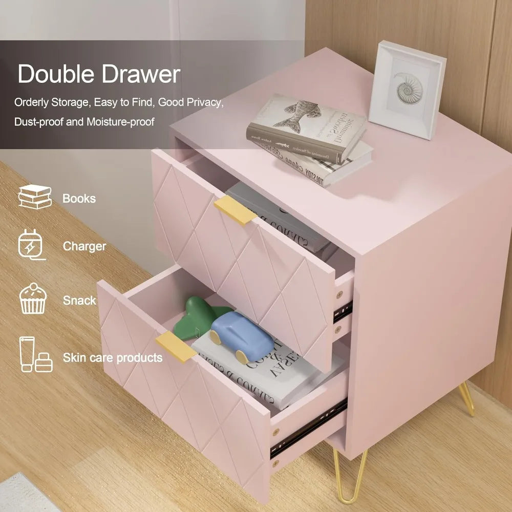 Anbuy Pink Nightstand Set of 2, End Side Table Double, Bedside Table with 2 Drawers, Dual Night Stand Gold Legs for Bedroom