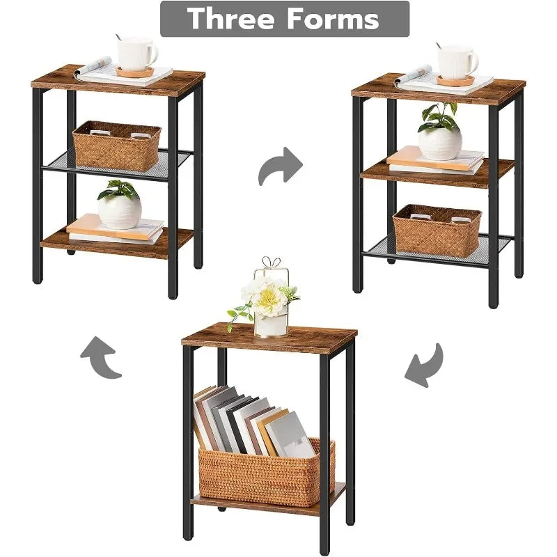 Set of 2 Side Tables, 3-Tier End Tables with Adjustable Shelf, for Small Space in Living Room, Bedroom and Balcony