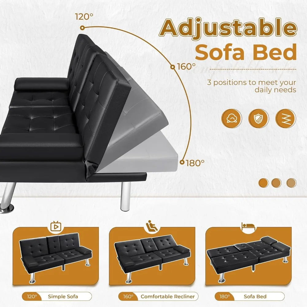 Sofa Bed Modern Faux Leather Couch Bed Convertible Folding Recliner for Living Room with 2 Cup Holders and Armrest Black Sofa