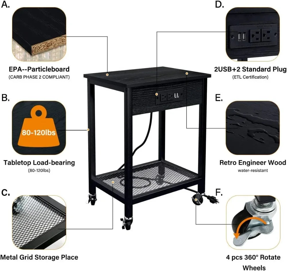 End Table Set of 2 with Charging Station & USB Ports, Side Table with Wheels & Storage Shelf Nightstand for Living Room Bedroom