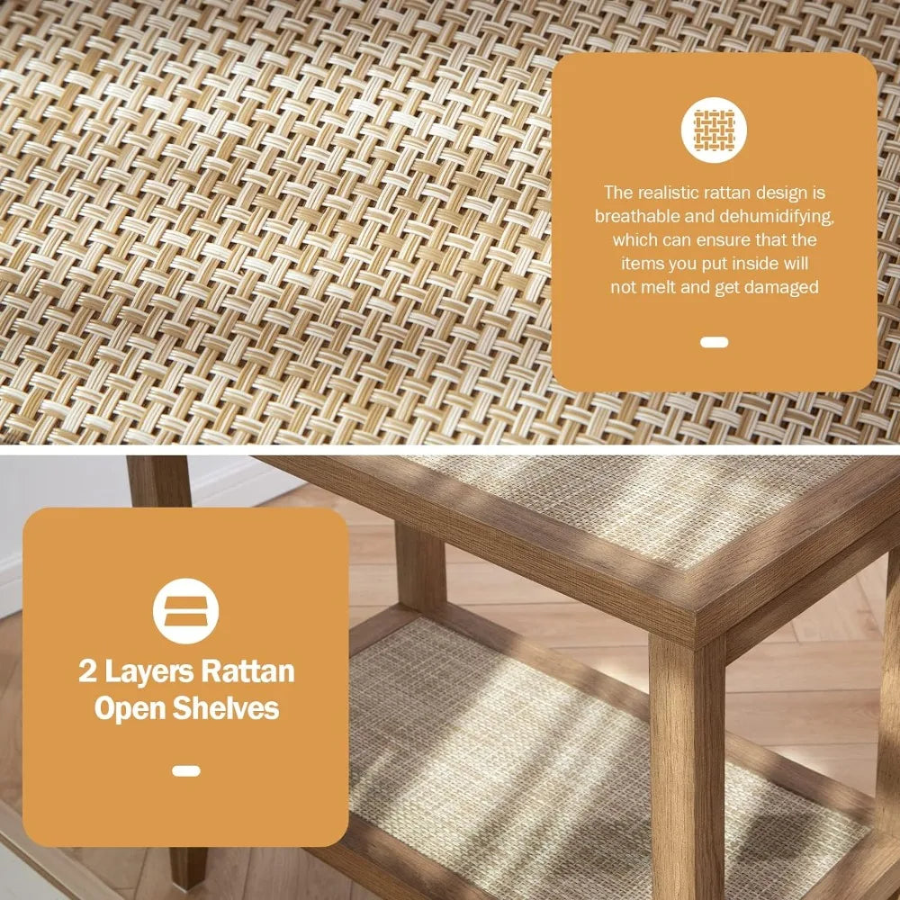Rattan Nightstands Set of 2 Bedside Table - Boho Narrow End Table Living Room Set of 2 Side Table with Rattan Storage Shelves