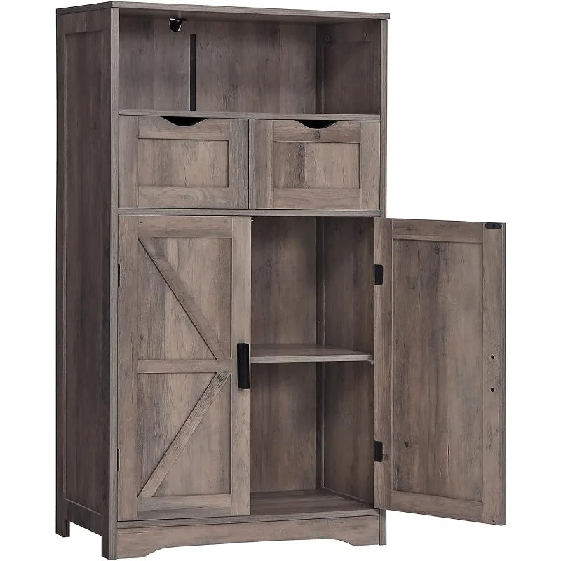 Floor Storage Cabinet with 2 Adjustable Drawers & 2 Barn Doors, Standing Cupboard with 2 Shelf, for Living Room, Home Office