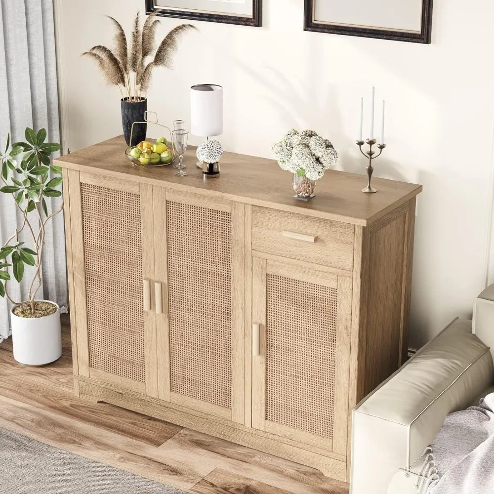 Irontar Kitchen Storage Cabinet, Sideboard Buffet Cabinet with Rattan Decorated Doors, Farmhouse Console Table with Drawer