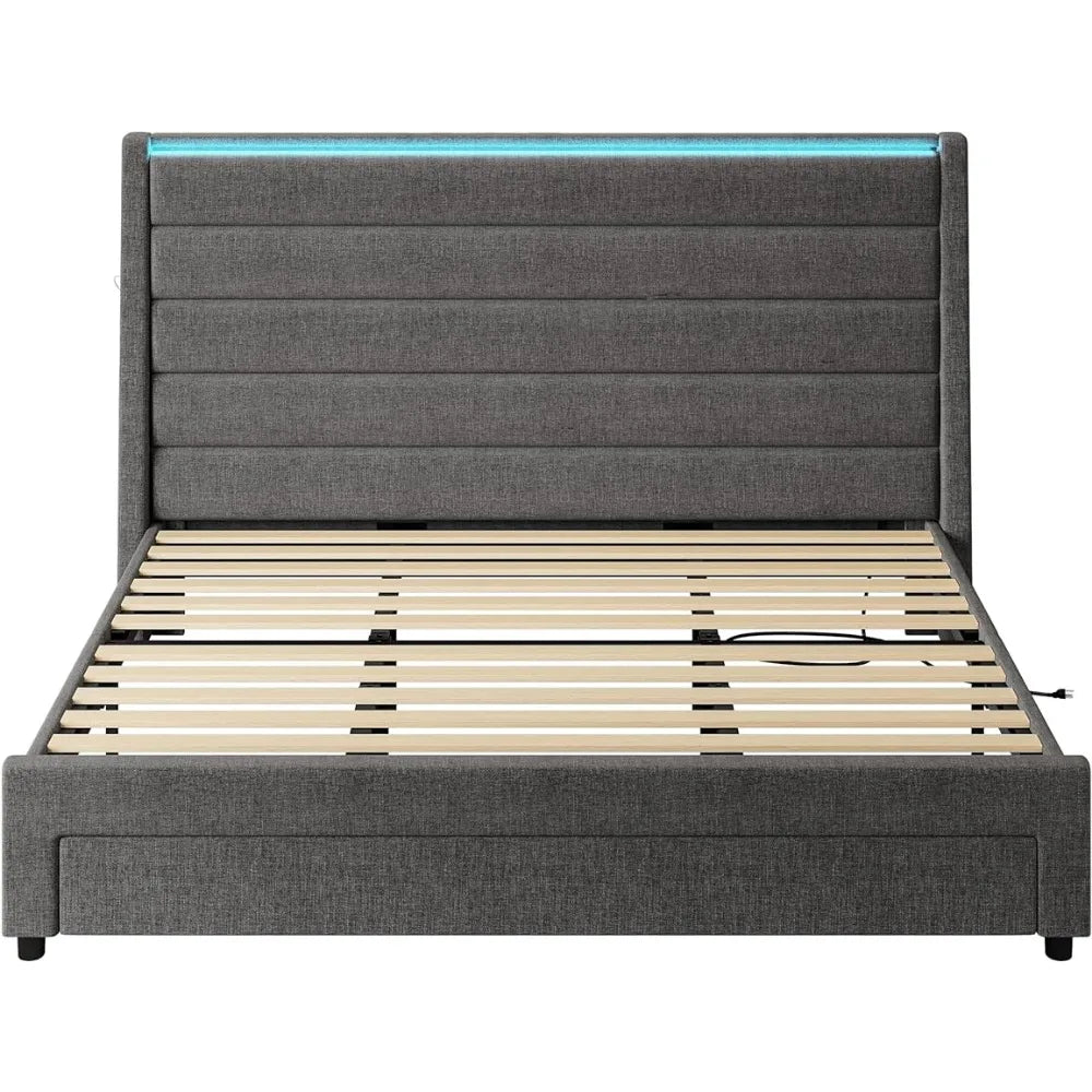 Queen Size Bed Frame with 55 Inches Headboard&Drawer&2 Charging Station,Upholstered Queen Platform Bed,No Box Spring Needed,Grey