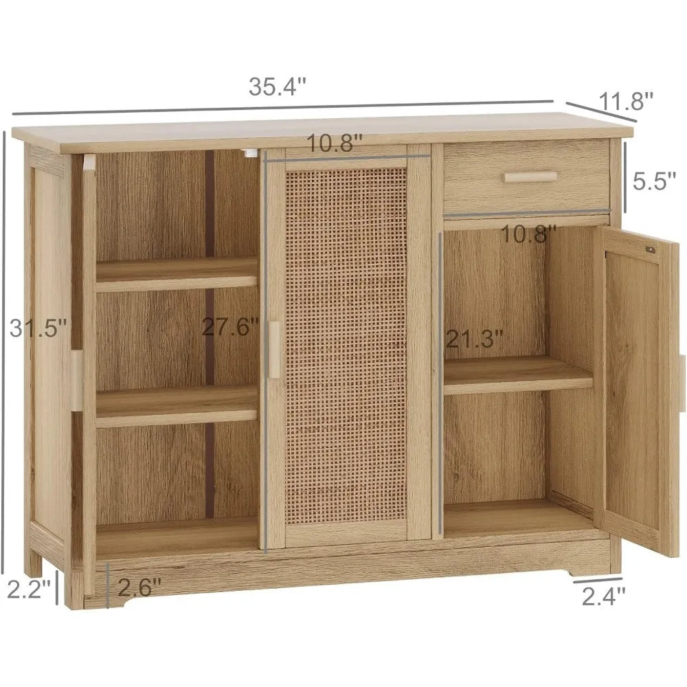 Irontar Kitchen Storage Cabinet, Sideboard Buffet Cabinet with Rattan Decorated Doors, Farmhouse Console Table with Drawer