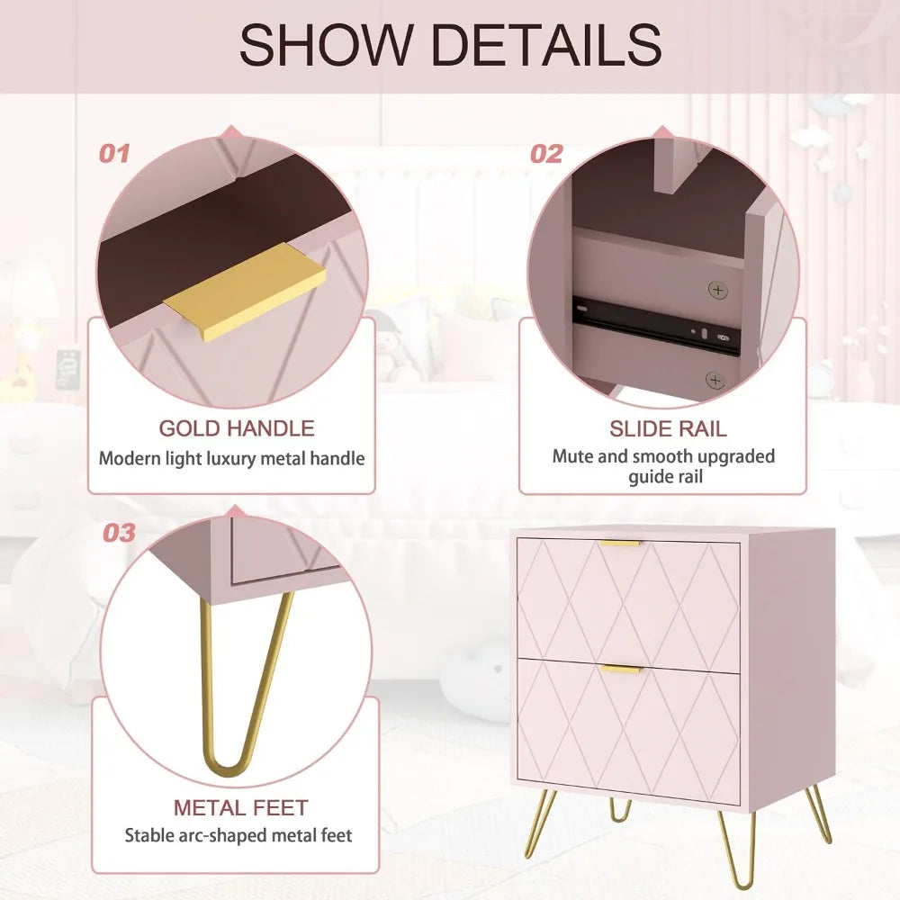 Anbuy Pink Nightstand Set of 2, End Side Table Double, Bedside Table with 2 Drawers, Dual Night Stand Gold Legs for Bedroom