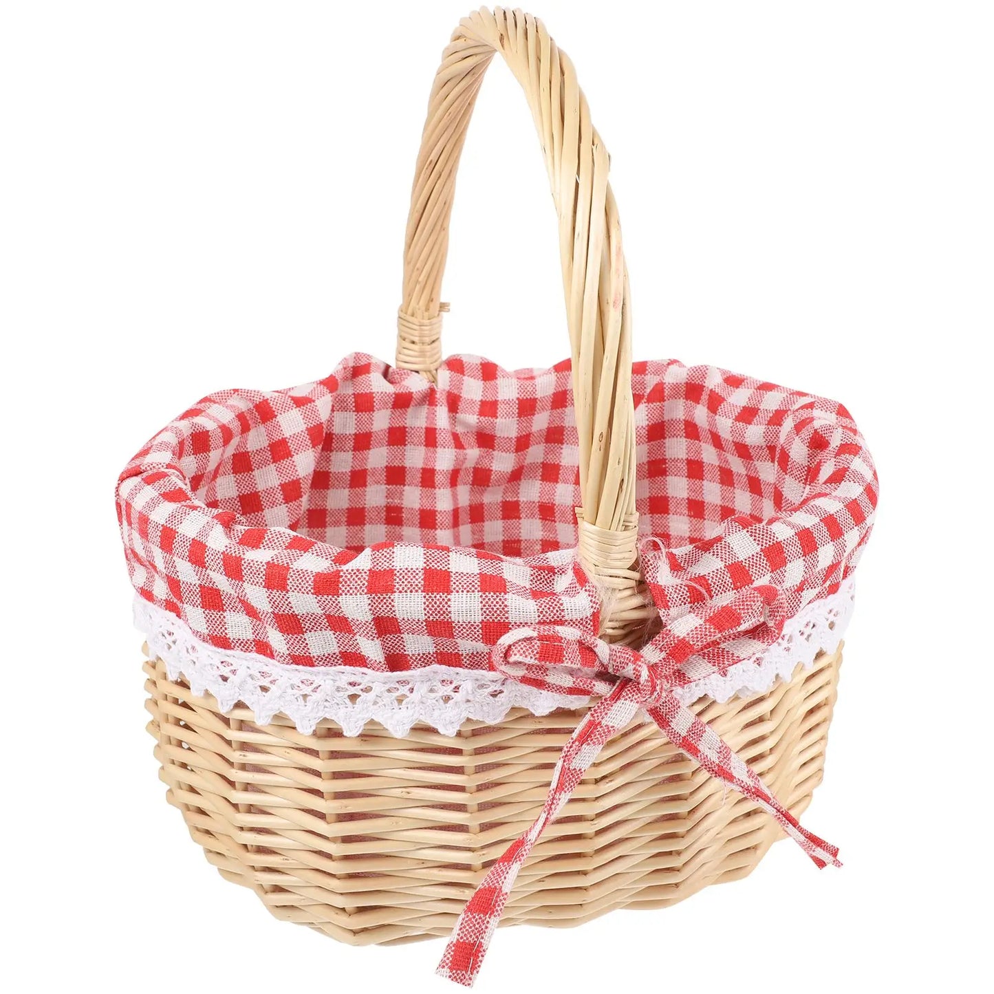 Hand Woven Picnic Bag Gift Basket Wicker Storage Basket Linen Inner Basket for Storage Use (Primary Color Red Plaid Fabric)