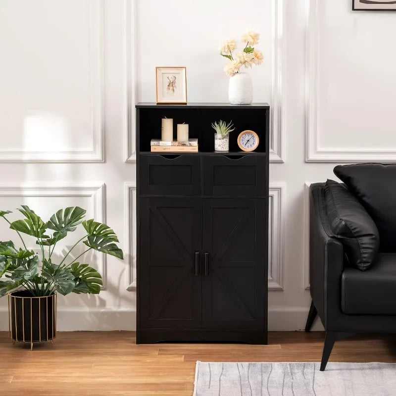 Floor Storage Cabinet with 2 Adjustable Drawers & 2 Barn Doors, Standing Cupboard with 2 Shelf, for Living Room, Home Office