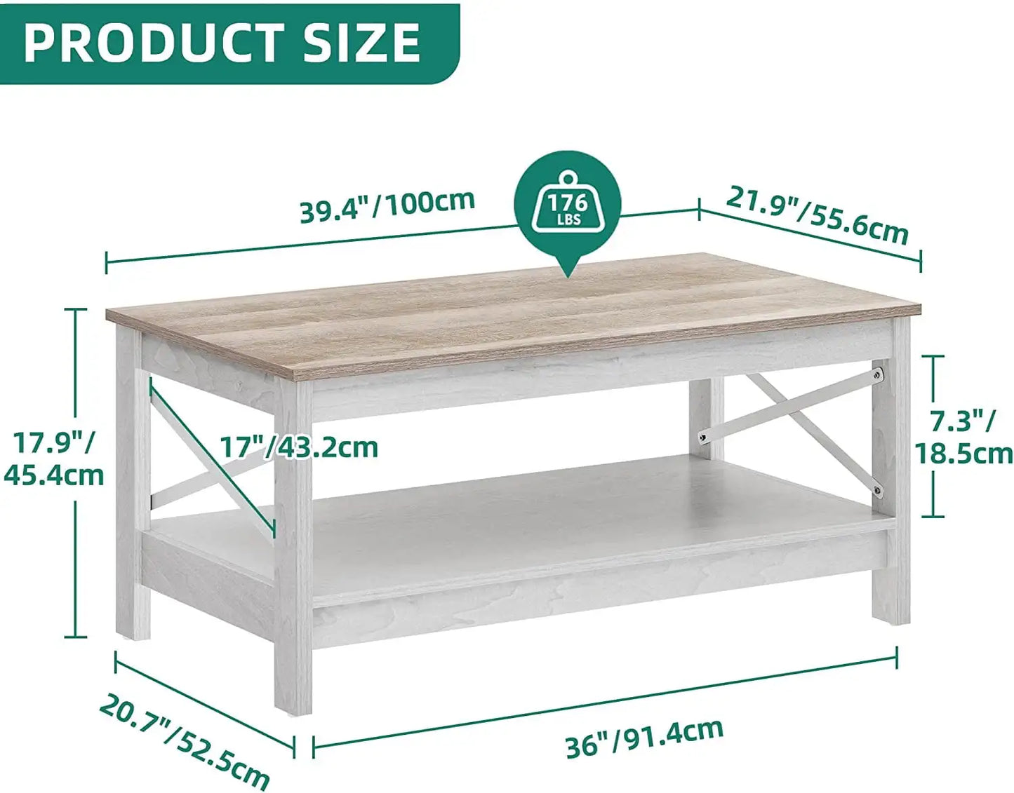 Farmhouse Coffee Table 2-Tier Wood Center with Storage Shelf for Living Room, Gray Modern Accent Side End fo