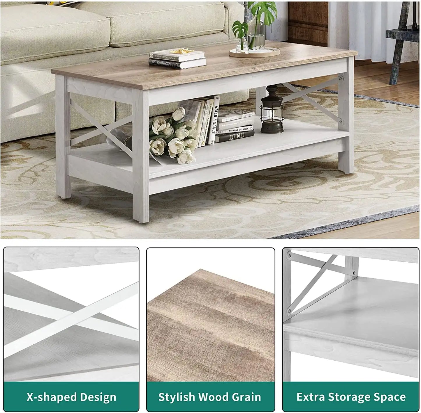 Farmhouse Coffee Table 2-Tier Wood Center with Storage Shelf for Living Room, Gray Modern Accent Side End fo