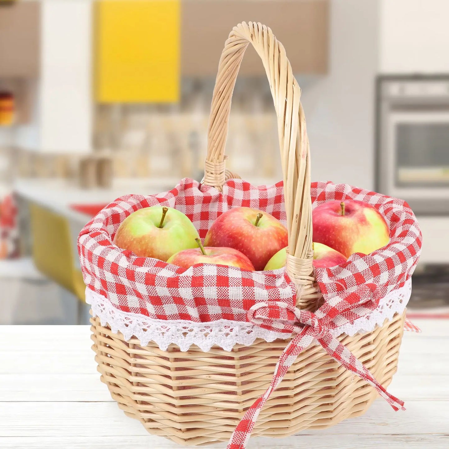 Hand Woven Picnic Bag Gift Basket Wicker Storage Basket Linen Inner Basket for Storage Use (Primary Color Red Plaid Fabric)