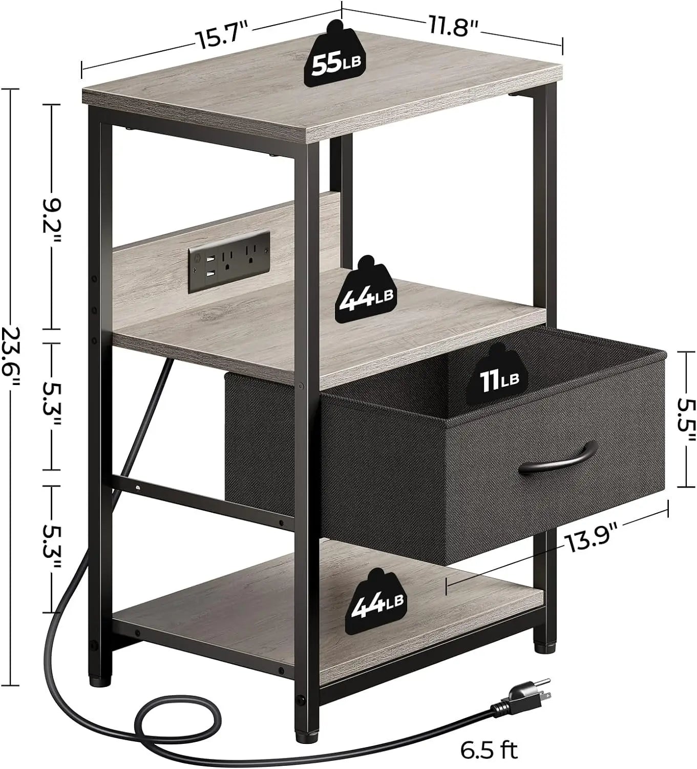 Nightstand with Charging Station, LED Bedside Table Adjustable Fabric Drawer, Night Stand Storage, 3-Tier B