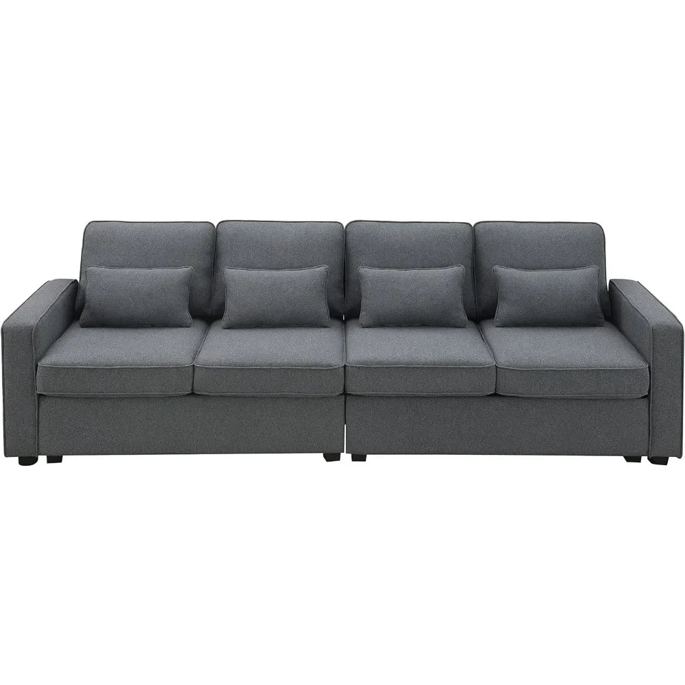 4 seat Modern Linen Fabric Sofa with Armrest Pockets and 4 Pillows,Minimalist Style Couch for Living Room, Apartment,Dark Grey