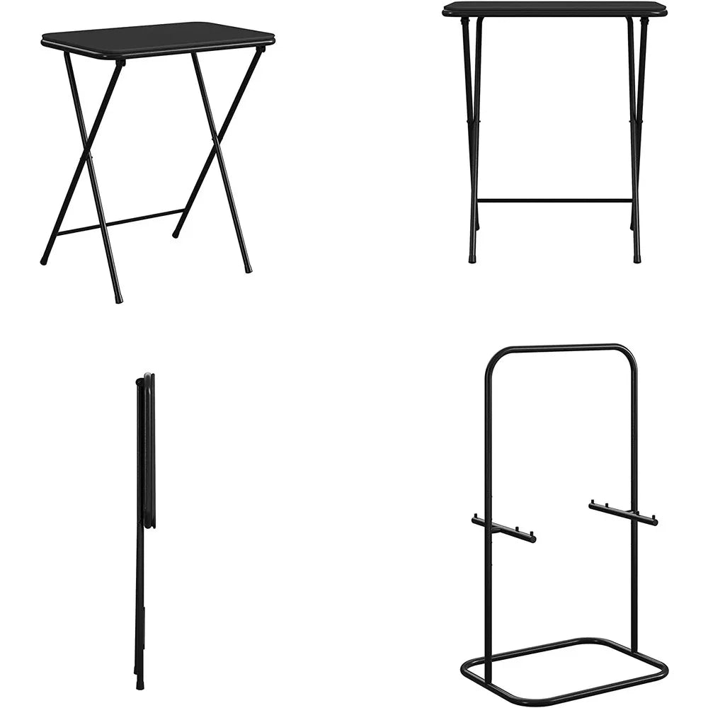 5-Piece Folding Vinyl Top TV Tray, Black with Storage Rack, Multi-Purpose, Bed Side Table Coffee for Living Room