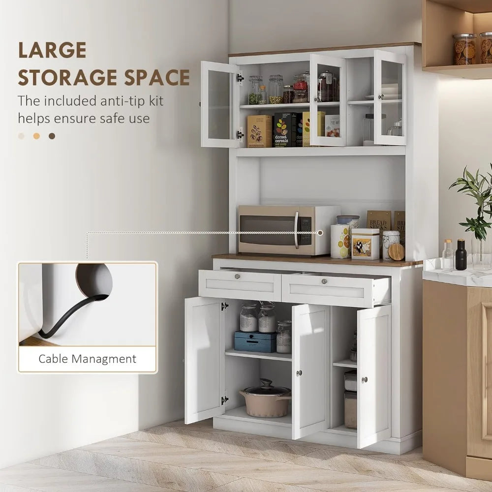 71" Tall Kitchen Pantry Storage Cabinet with Microwave Stand, Freestanding Buffet with Hutch, 2 Drawers, 5 Doors