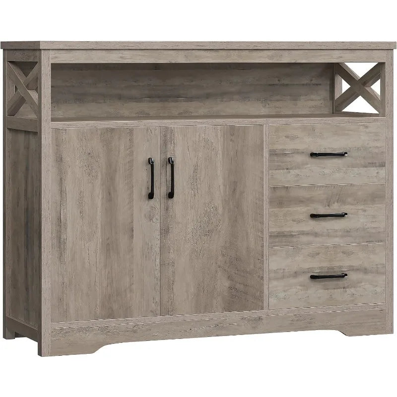 Modern Farmhouse Sideboard Buffet Cabinet, Kitchen Buffet Storage Cabinet with Drawers and Shelves, Wood Coffee Bar Cabinet