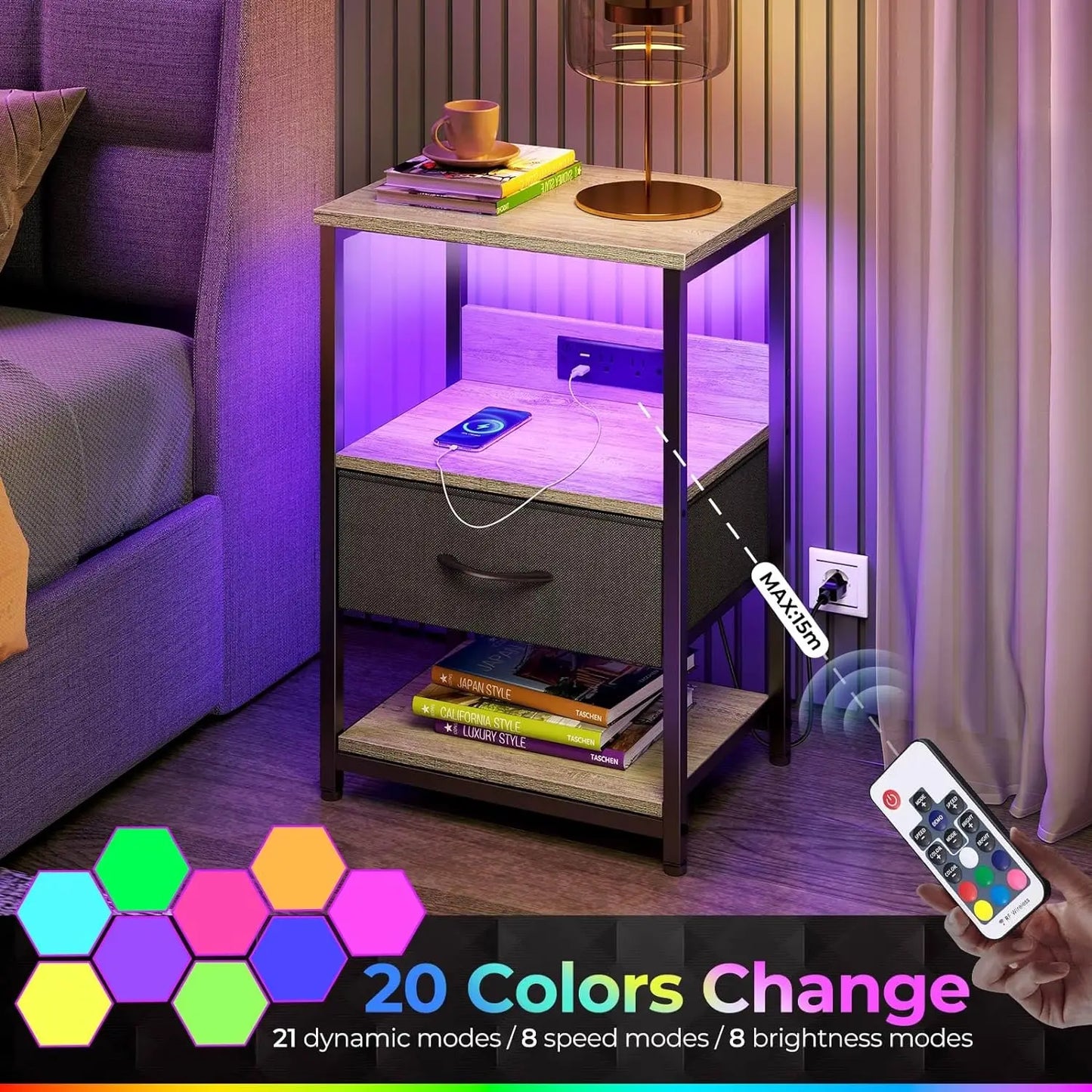 Nightstand with Charging Station, LED Bedside Table Adjustable Fabric Drawer, Night Stand Storage, 3-Tier B