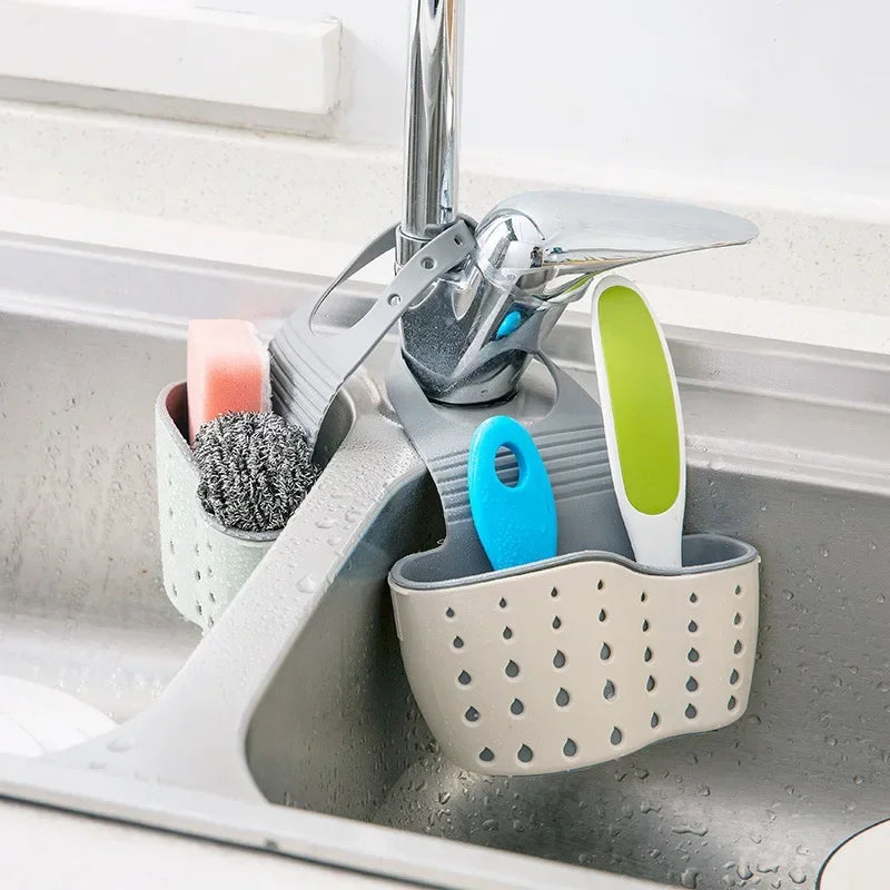 Kitchen Sink Sponge Holder, Hanging Kitchen Adjustable Strap Faucet Caddy, Quick-drying Kitchen Storage Bag Sink Organizer