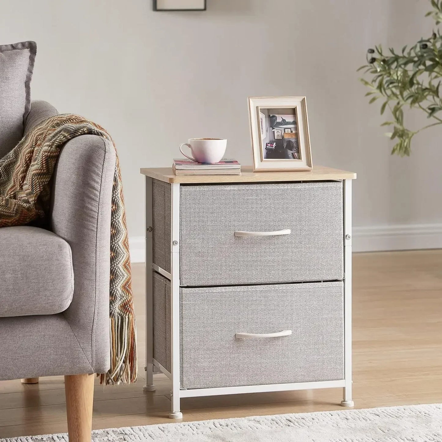 Nightstand with 2 Drawers, Bedside Table Small Dresser Removable Fabric Bins for Bedroom Nursery Closet Living Room