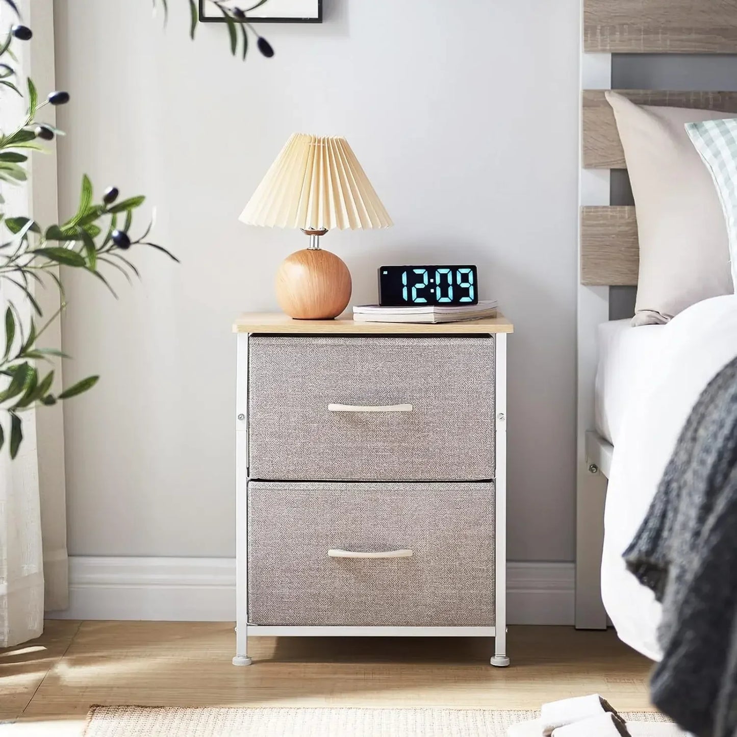 Nightstand with 2 Drawers, Bedside Table Small Dresser Removable Fabric Bins for Bedroom Nursery Closet Living Room