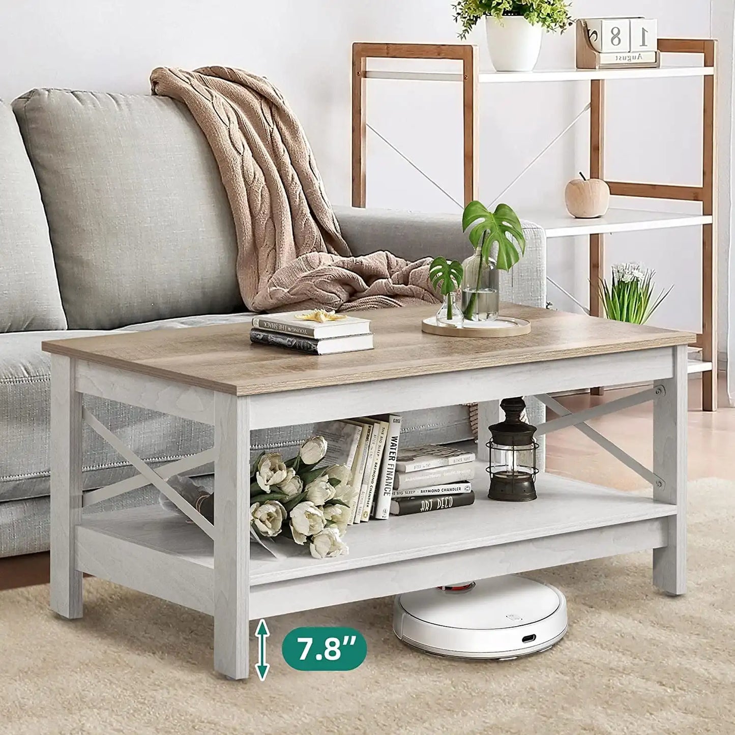 Farmhouse Coffee Table 2-Tier Wood Center with Storage Shelf for Living Room, Gray Modern Accent Side End fo