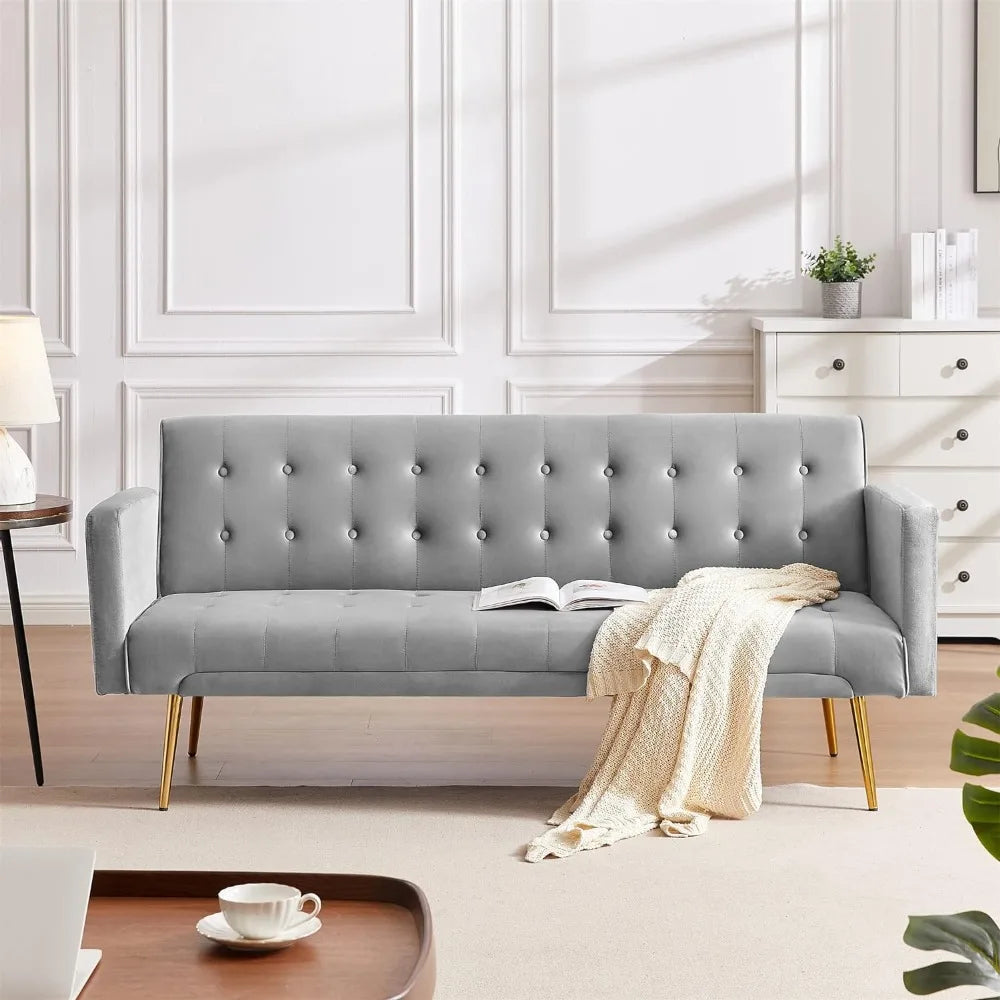 Tufted Upholstered Sofa Convertible Sleeper Sofa Bed Small Space Living Room, 2 Seater Couple Seat Sofa Bed Metal Legs, Grey