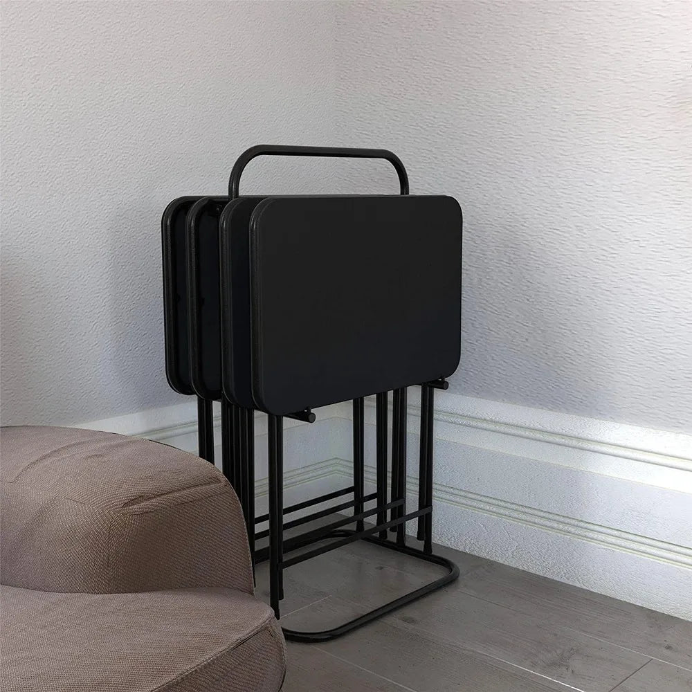 5-Piece Folding Vinyl Top TV Tray, Black with Storage Rack, Multi-Purpose, Bed Side Table Coffee for Living Room