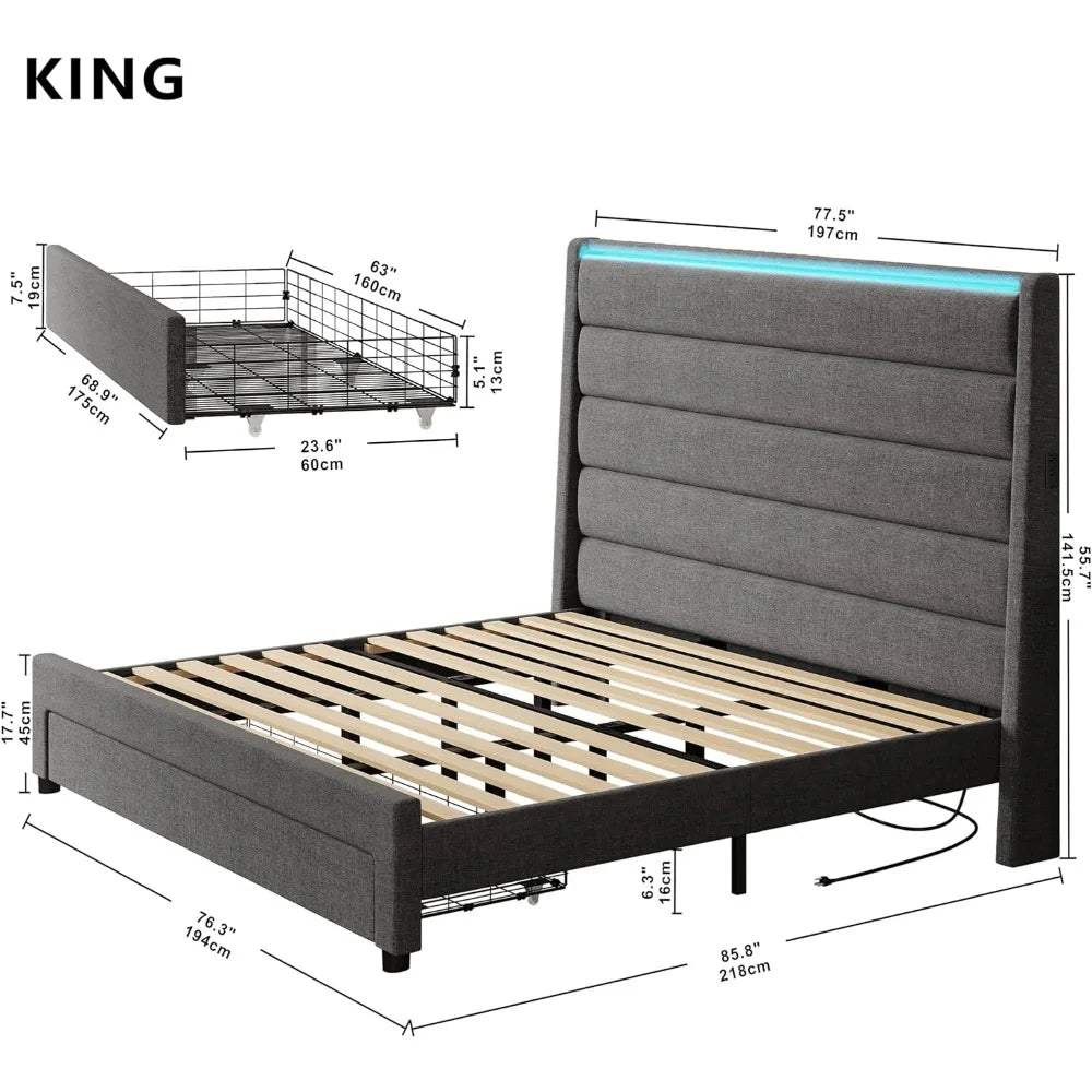 Queen Size Bed Frame with 55 Inches Headboard&Drawer&2 Charging Station,Upholstered Queen Platform Bed,No Box Spring Needed,Grey