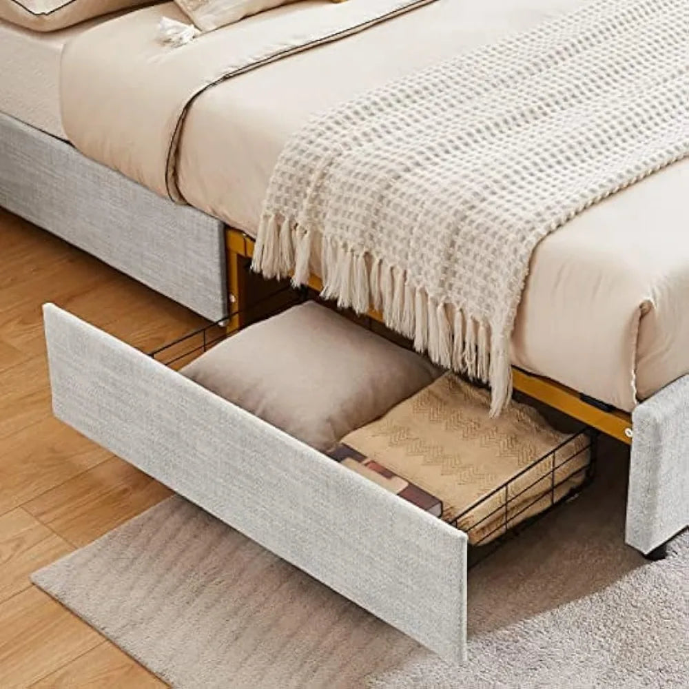 King Velvet Upholstered Platform Bed with 4 Drawers, Platform Bed Frame with Button Tufted Headboard for Bedroom