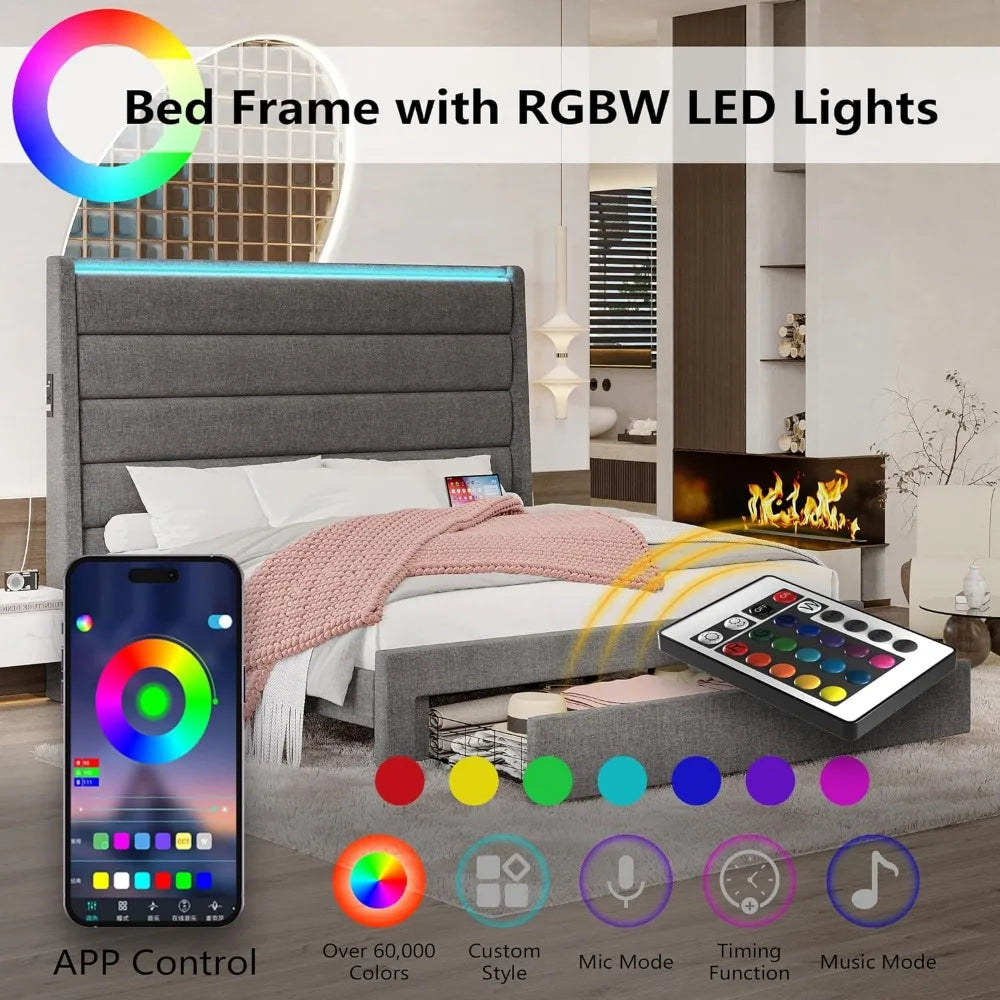 Queen Size Bed Frame with 55 Inches Headboard&Drawer&2 Charging Station,Upholstered Queen Platform Bed,No Box Spring Needed,Grey