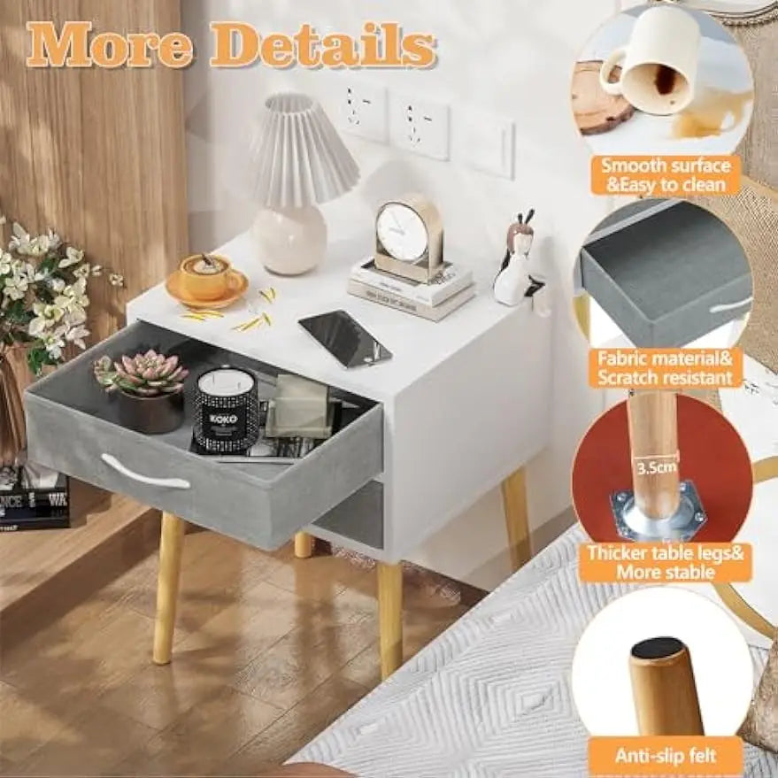 Nightstand with Drawer, Modern White Night Stand Solid Wood Legs, Bedside Tables Bedroom Side wi