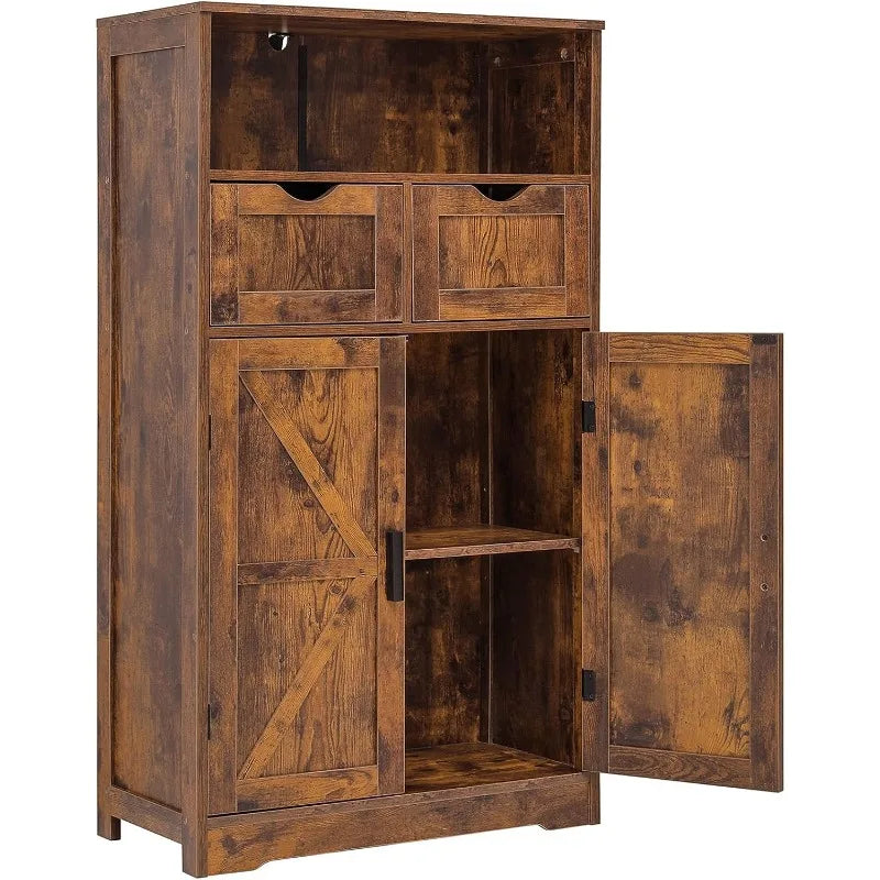 Floor Storage Cabinet with 2 Adjustable Drawers & 2 Barn Doors, Standing Cupboard with 2 Shelf, for Living Room, Home Office