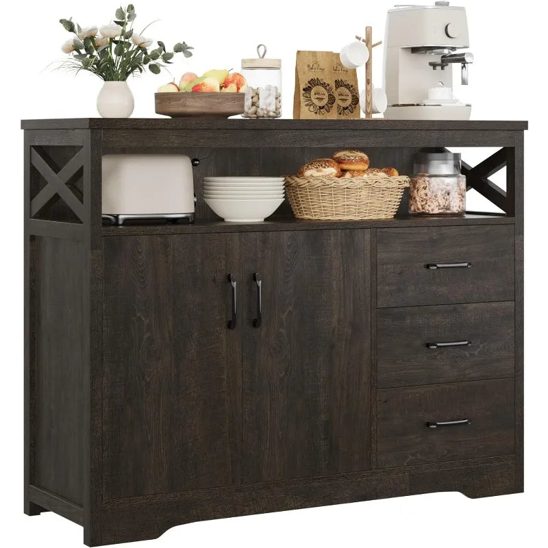 Modern Farmhouse Sideboard Buffet Cabinet, Kitchen Buffet Storage Cabinet with Drawers and Shelves, Wood Coffee Bar Cabinet