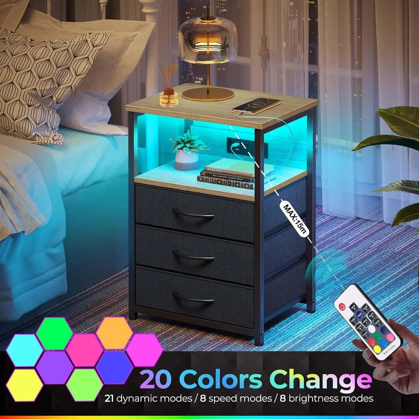 Nightstand with Charging Station and LED Light, Side Table 3 Fabric Drawers, Bedside End USB Ports an