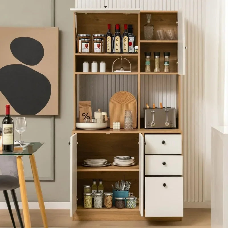 PETSITE Kitchen Buffet Hutch Storage Cabinet, 71'' Freestanding Pantry with 3 Cabinets & Drawers, Adjustable Shelves