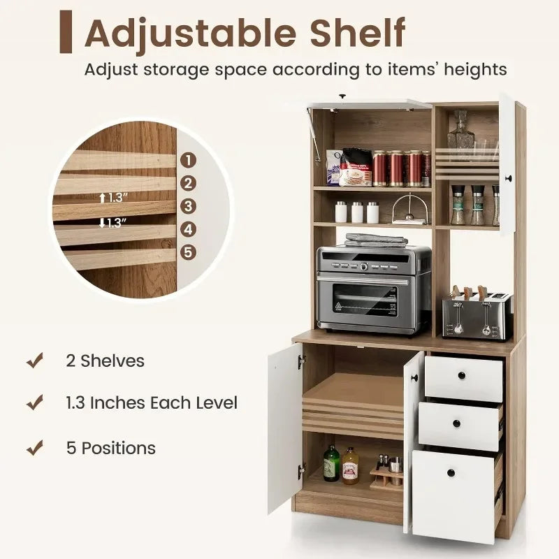 PETSITE Kitchen Buffet Hutch Storage Cabinet, 71'' Freestanding Pantry with 3 Cabinets & Drawers, Adjustable Shelves