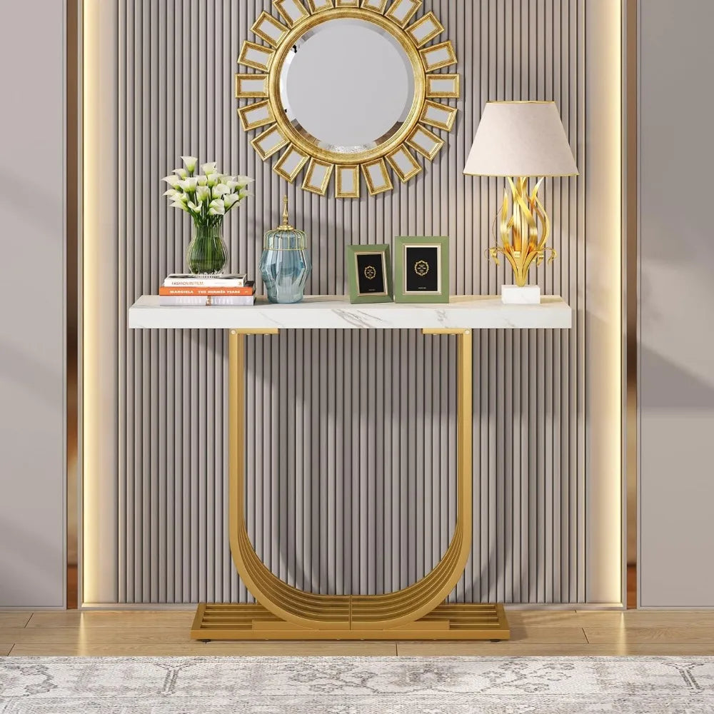 Faux Marble Gold Console Table Hallway White & Gold Coffee Tea End Small Tables Home Entrance Sofa Side Table for Living Room