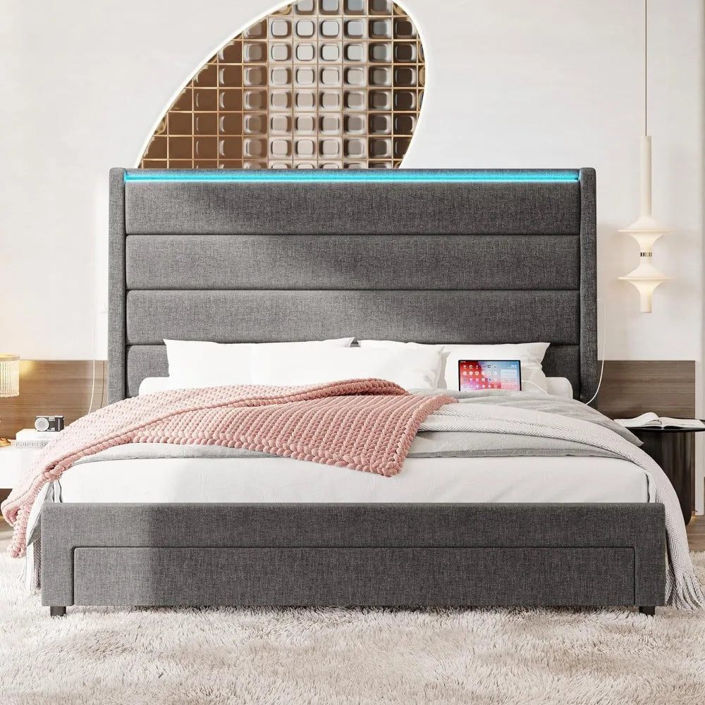 Queen Size Bed Frame with 55 Inches Headboard&Drawer&2 Charging Station,Upholstered Queen Platform Bed,No Box Spring Needed,Grey