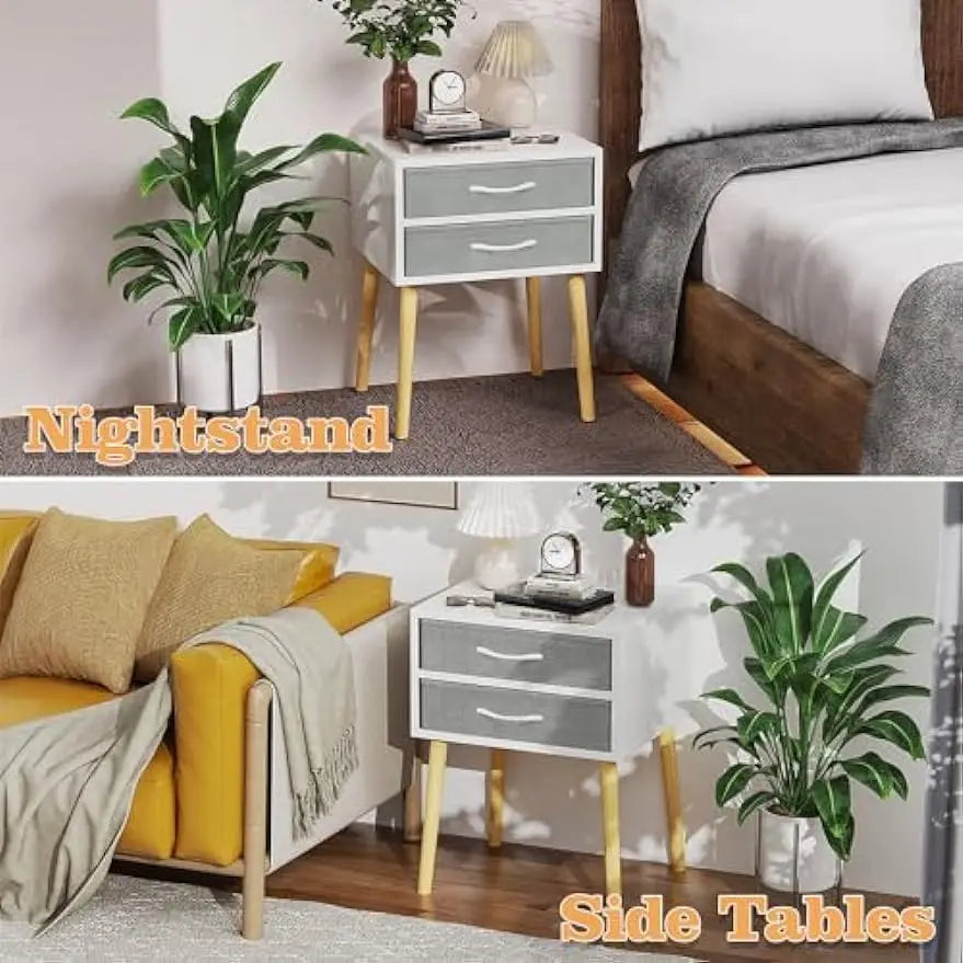 Nightstand with Drawer, Modern White Night Stand Solid Wood Legs, Bedside Tables Bedroom Side wi